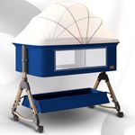 CAREIT Comfortable 6-in-1 Baby Cot, Crib, Bedside Bassinet, Adjustable Height, Mosquito Net, Storage Basket, Wheels, and Mattress | Easy Folding, Unique Design (Blue)