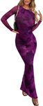 PRETTYGARDEN Women's Bodycon Maxi Dress Fall Fashion Long Sleeve Floral Print Tight Fitted Party Club Ruched Dresses (Print Purple,Large)