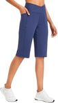 BALEAF Women's Bermuda Long Shorts Knee Length Capri Pants High Waisted Yoga Cropped Pants with Pockets Business Casual Work Navy Blue L