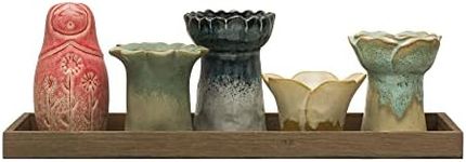 Creative Co-Op Eclectic Stoneware Votive Holders on Tray, Set of 6 Pieces, Multicolor Vase Set, Multi