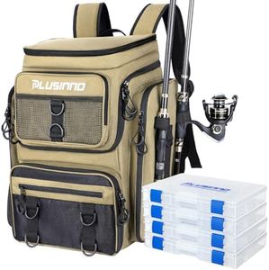 PLUSINNO Fishing Backpack with Tackle Boxes, Khaki, Fishing Backpack with Tackle Boxes