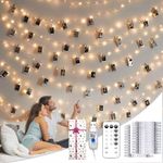 BRYUBR Photo Clip String Lights with Remote, 40FT 120 LED USB Powered Fairy Lights Picture Clips, 8 Modes with 50 Clear Clips for Dorm, Bedroom, Christmas, Party, Wedding Decor (Warm White)