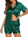 Ekouaer Two Piece Sleepwear Satin Pjs for Women Short Sleeve Pajamas Summer Silk Nightwear Set (Dark Green,L)