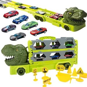 ZCOINS Dinosaur Transport Truck Toys Cars for Kids, Portable Race Track Truck Toy Car with 6 Race Cars, Foldable Toy Car Track for Boys, Carrier Truck Vehicles Toys Set
