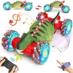 Yerloa Dinosaur Remote Control Car, Gesture Sensing RC Car for 6 7 8 9 10 Year Old Boy Birthday Gift, Dinosaur Toys for Kids Boy Girl 8-12, 2.4Ghz 4WD 360° Rotating RC Stunt Car with Lights & Music