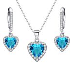 EleQueen 925 Sterling Silver Cubic Zirconia Love Heart Bridal Pendant Necklace Leverback Earrings Jewelry Set for Women Aquamarine Color, Valentine's Day/Mother's Day/Christmas Jewerly Gift for Wife/Mom