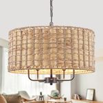 JZQWCK 5-Head Sea Grass Pendant Light, Adjustable Height, Handwoven, Bohemian Style Rattan Wicker Drum Chandeliers for Dining Room Light Fixtures