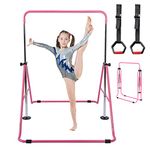 Gymnastics Bars with Rings, Adjustable Height Folding Horizontal Kip Bars, Folding Gymnastics Junior Training Monkey Bar Gymnastic for Kids Home Using Junior Training Bar (Pink)