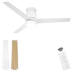 Flybull Ceiling Fan with Lights and Remote 52" Low Profile Ceiling Fan with 3 Light Colors, 6 Speeds, Timing, 3 Wood Blades Modern Flush Mount Ceiling Fans for Bedroom Indoor Outdoor Use (White)