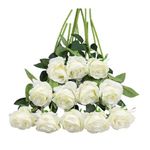 Tifuly White Roses Artificial Flowers -12 pcs Realistic Single Long Stem Fake Silk Roses Bouquet for Party Home Wedding Centerpiece Office DIY Decor（Off White）