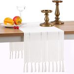 GSG Boho Small Table Runner for Home Decor, 36" Long Farmhouse Rustic Linen Table Runner with Tassels, Handmade Bohemia Short Table Runner for Dining Bedroom Decoration, Ivory White, 13x36 Inches