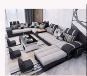 Torque - Galster 12 Seater U Shape Cup Holder Sectional Fabric Sofa Set with 4 Puffy (Right Side, Light Grey & Black) | Couch for Living Room, Bedroom, Home, Office Furniture | 3 Years Warranty