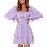 Women Tie Back Long Lantern Sleeve Square Neck Ruffle Dress Elastic Waist Aline Casual Mini Dress