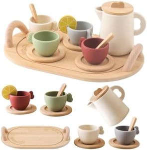 IEATFO Tea Party Set for Kids Wooden Tea Set for Little Girl and Boy Kid Play Kitchen Accessories Toy Dishwasher Safe Tea Set for Toddler Pretend Play Toddler Tea Set 3-5 Ideal Christmas Birthday Gift