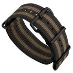 Geckota Vintage Bond 1973 British Military Nylon Mens Replacement Watch Strap. Dark Blue, Red and Olive Green Stripes. Rugged, Quick-Drying and Secure Wristwatch Strap. Black Buckle, 20 mm