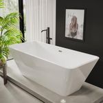 67" Acrylic Freestanding Soaking Bathtub, Matte Black Drain & Overflow, Modern Design Tub for Home Bathroom Renovations, Glossy White