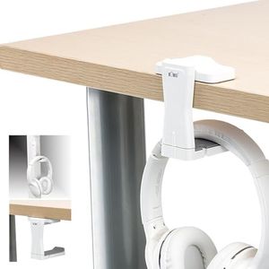 KIWIFOTOS Adhesive Headphone Hanger Holder, PC Gaming Headset Hook Mount, with 360 Adjustable Rotating Arm Clamp & Cable Organizer, Earphone Stand Holder - White