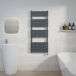 Warmehaus 1200x500mm Sand Grey Designer Flat Panel Electric Heated Towel Rail Thermostatic Bathroom Towel Radiator with Chrome Timer Element 600W