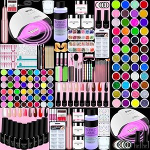 Milai Kit Uñas Acrílicas Completo para Principiantes con 180 W UV/LED Lámpara,Kit Uñas Esmalte Semipermanentes Gel con 60 ml Monómero/9 Colore*7 ml Uñas de Gel Top Coat DIY Nail Arte Kit para Manicura