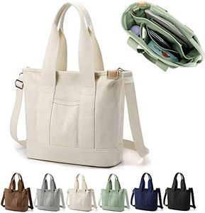 Efilra Multi-Pocket Canvas Tote Bag with Zipper, 2023 New Japanese Handmade Large Capacity Handbag Women's Crossbody Bag, White-large, Large