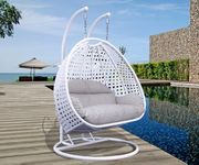 KLODOR Designer Double Seater Iron Hanging Swing Chair with Tufted Soft Deep Cushion & Stand Backyard Relax for Indoor, Outdoor, Balcony, Patio, Home & Garden, Terrace (White with Beige Cushion)