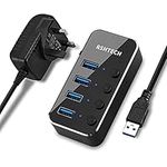 Powered USB Hub RSHTECH Aluminum 4-port USB 3.0 Hub with 5V/2A Power Supply and Individual On/Off Switch (Black)