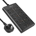 Surge Protected Extension Lead, AUOPLUS 6 Gang Power Strip with 4 USB Port, Multi Plug Charging Station for Phone/Tablet/Laptops, Power Extension for Home & Office - 2 Meter Cord - Black