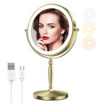 Matekxy 8" Makeup Mirror with Lights, 1X/10X Magnifying Rechargeble Double Sided Standing Vanity Mirrors with 360°Rotation|3 Colors Brightness Adjustable|Touch Sensor Dimming-Brass Gold