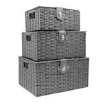 Set of 3 Woven Storage Basket Bin Wicker Hamper Stackable Box with Lid & Lock, Baby Toiletry Container Tote Cube Organizer for Nursery, Diaper, Toys, Home Closet, Laundry, DVD, Book (Grey)