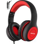 EarFun K1 Kids Headphones Wired with Microphone, 85/94dB Volume Limit Headphones for Kids, Portable Wired Headphones with Sharing Jack, Stereo Sound, Foldable Headset for Tablet/iPad/Kindle, Black Red