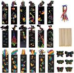 50 Pcs Party Bag Fillers Scratch Art Paper for Kids with Wooden Stylus and Ribbons, Rainbow DIY Bookmark Arts and Crafts for Girls Boys Birthday New Year
