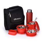 SOPL-OLIVEWARE Teso Pro Lunch Box With Steel Cutlery,3 Microwave Safe Inner Steel Containers With Bpa Free Lids(290Ml,450Ml&600Ml)Plastic Pickle Box(130Ml)Steel Water Bottle(750Ml)-Red,1470 Ml