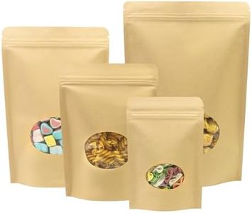 SumDirect 100Pcs Kraft Paper Bag Zip Lock,Stand-up Reusable Sealing Bag with Transparent Window and Tear Notch for Storing,Cookie,Dried Foods,Snack (5.5x 7.4 Inch-100Pcs)