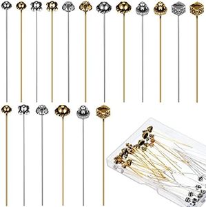 60 Pieces Jewelry Head Pins Mixed Color Alloy Pins Flower Needle Retro Long Metallic Head Pins Silver and Gold Beading Headpins for Jewelry Making Earring Bracelet Women DIY Accessories