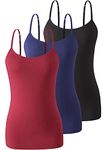 Air Curvey 3 Piece Womens Camisole with Shelf Bra Cotton Undershirts Camis Adjustable Spaghetti Strap Tank Tops, Black Navy Wine Red, Medium