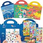 Reusable Sticker Books Toys for 2 3 4-Year-Old Boys Girls, Birthday Gifts 3 Pack Reusable Clear Stickers Books for 2-5 Old Kids with 3 Colorful 3D Sticker Books Learning Toys (Dinosaurs+Ocean+Seasons)