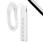 GE 6-Outlet Surge Protector, 20 Ft Extension Cord, Power Strip, 840 Joules, Flat Plug, UL Listed, White, 62940