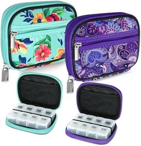 Serfeymi Weekly Travel Pill Organizer Pill Case for Purse with Removable 7 Day Pill Box, Fashionable Travel Medicine Organizer Pill Container for Medicine, Vitamin, Supplement - Green 01 + Purple 01