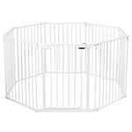 Costzon Fireplace Gate, 181 Inch Length 8 Panel Adjustable Extra Wide Pets Gate, BBQ Metal Fire Gate, Pet Isolation Fence with Walk-Through Door, Freestanding Dog Gates (8-Panel, White)