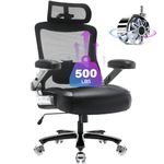 Big and Tall Office Chair 500lbs, Ergonomic Computer Chair with 3D Flip up Arms Large Rubber Wheels Adjustable Lumbar Support&Headrest, Executive High Back Desk Chair, Heavy Duty Metal Base, Mesh Back