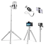 K&F Concept 67''/170cm Cellphone Tripod, 2-in-1 Lightweight Compact Portable Selfie Stick with Phone Holder, DSLR Camera Tripod with Smartphone Remote E224A3+BH-18 Silver