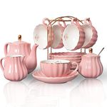 Sweejar Porcelain Tea Sets British Royal Series, 8 Oz Cups & Saucer Service for 6, with Teapot Sugar Bowl Cream Pitcher Teaspoons and Tea Strainer for Tea/Coffee (Pink)