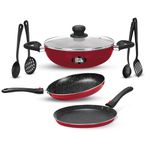 Milton Pro Cook Kitchen Jewel Set of 7 Non Stick Cookware | Induction and Gas Stove Friendly I Cooking Pan, Kadhai with Lid, Tawa I Maroon Metallic