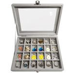 BesyPro 24 Grid Velvet Glass Jewelry Rings Organizer Box Holder Earrings Storage Case Tray with Clear Lid,Gray