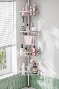 ESSEME Corner Shower Caddy Tension Pole: Adjustable Rustproof 4-Tier Inside Bathroom Organizer - 47-121 inch Quick Installation Bathtub Shelves for Shampoo Storage - Rod Floor Standing Bath Rack