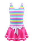 Freebily Kids Girls One Piece Striped Bow Splice Swimwear Swimsuit Swimming Costumes Bathing Suit Swimdress Pink 11-12 Years