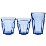 Duralex Made In France Picardie 18-Piece Glass Tumbler Drinking Set, Marine Blue. Set includes:(6 Units) 8-3/8 oz Tumblers; (6 Units) 10-3/8 oz Tumblers; (6 Units) 12-1/8 Tumblers