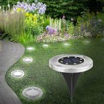 GIGAWATTS 8 LED Solar Ground Disk Light Water-Resistant Outdoor Lamp with Rechargeable Battery Smart Sensor for Garden Lawn Pathways Deck Patio Walkway & Driveway (White, Pack of 4)