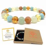 Prosperity & Abundance Bracelet - Crystal Gemstone Stretch Bracelet - Soul Cafe Gift Box and Information Tag - Amazonite, Citrine, Amber Resin, Orange Moonstone, Green Aventurine, New Jade