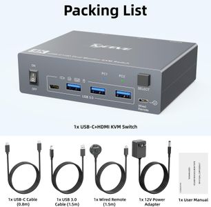 Dual Monitor KVM Switch USB-C & HDMI – 4K@60Hz, 2 Computers, 4 USB 3.0, 80W PD, Wired Remote